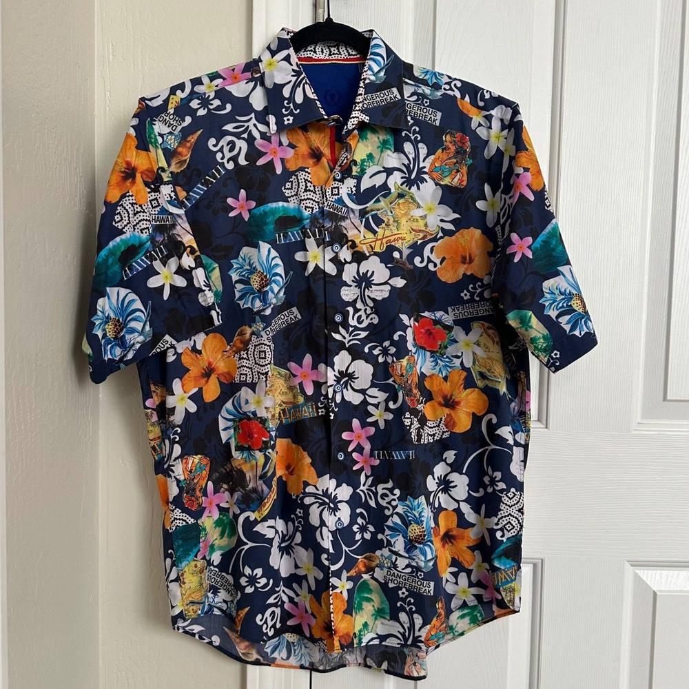 Bugatchi Uomo Hawaii Floral Print‎ Short Sleeve Button Up Shirt 15" Chest